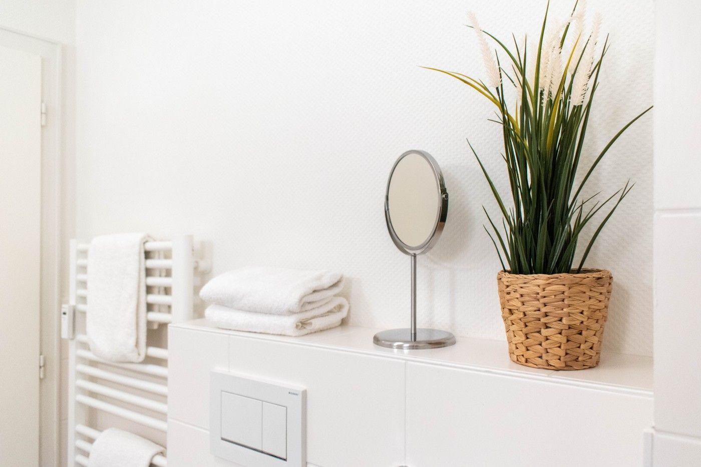Badezimmer mit Handtuchhalter, gefaltetem Handtuch, Spiegel und Pflanze in Korb.