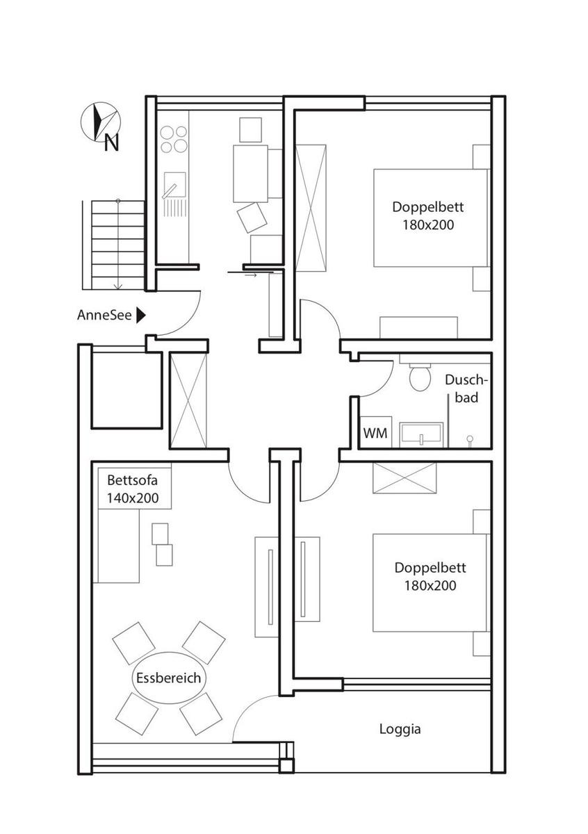 Wohnung mit zwei Schlafzimmern, Essbereich, Duschbad und Loggia.