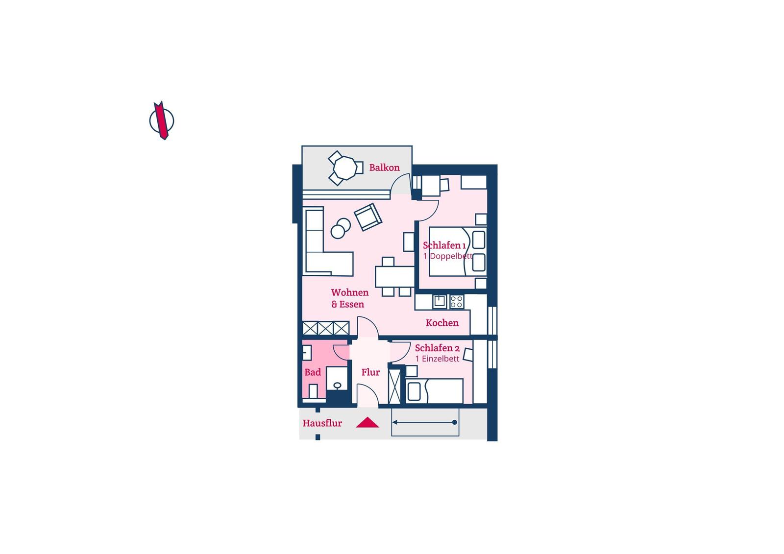 Dieses Apartment hat zwei Schlafzimmer, eine Küche, ein Bad und einen Balkon.