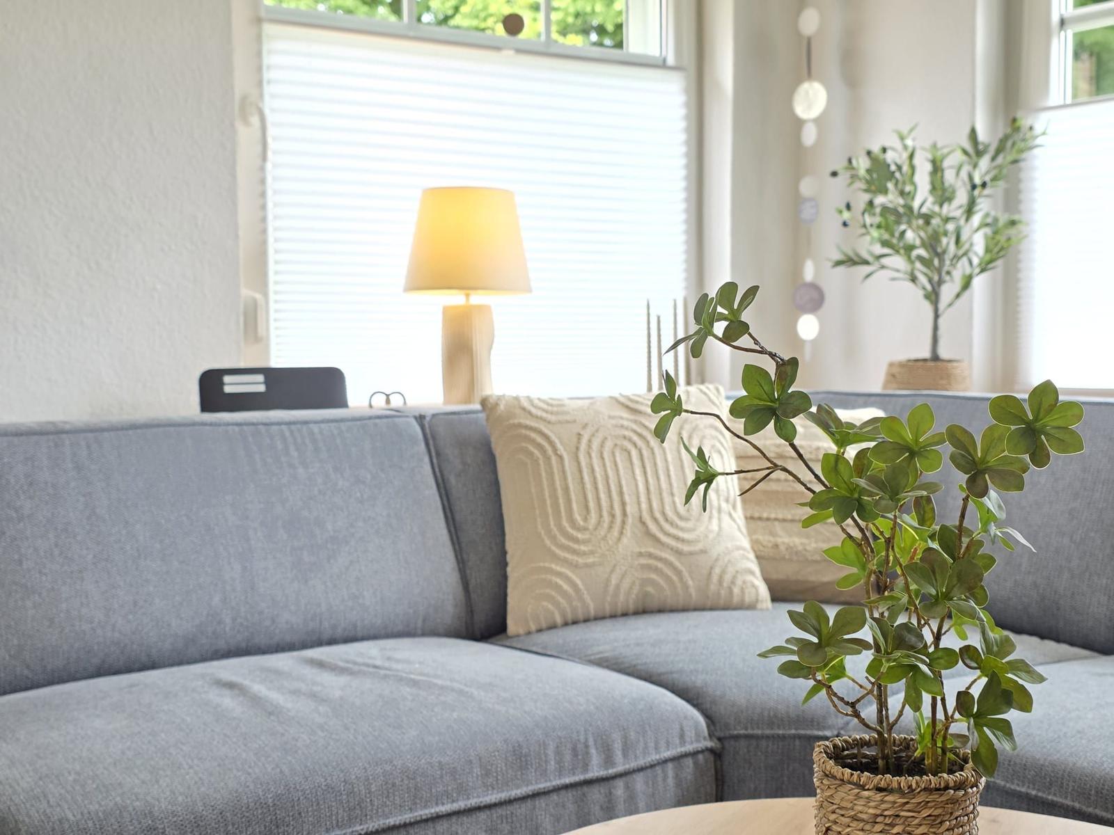 Ein grauer Sofa mit Kissen und Pflanzen im Vordergrund.