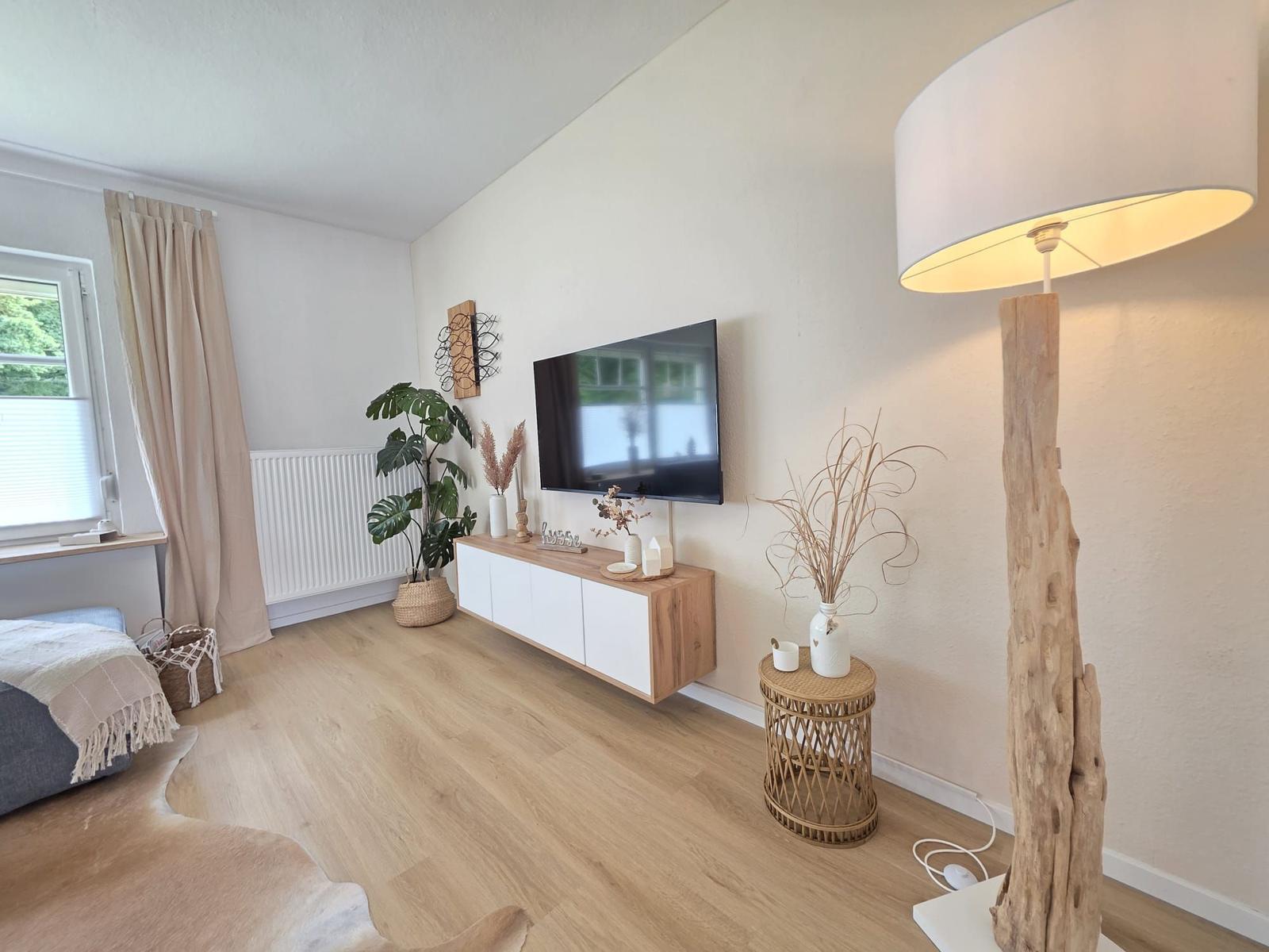 Wohnzimmer mit Fernseher, Pflanzen und Stehlampe auf Holzboden