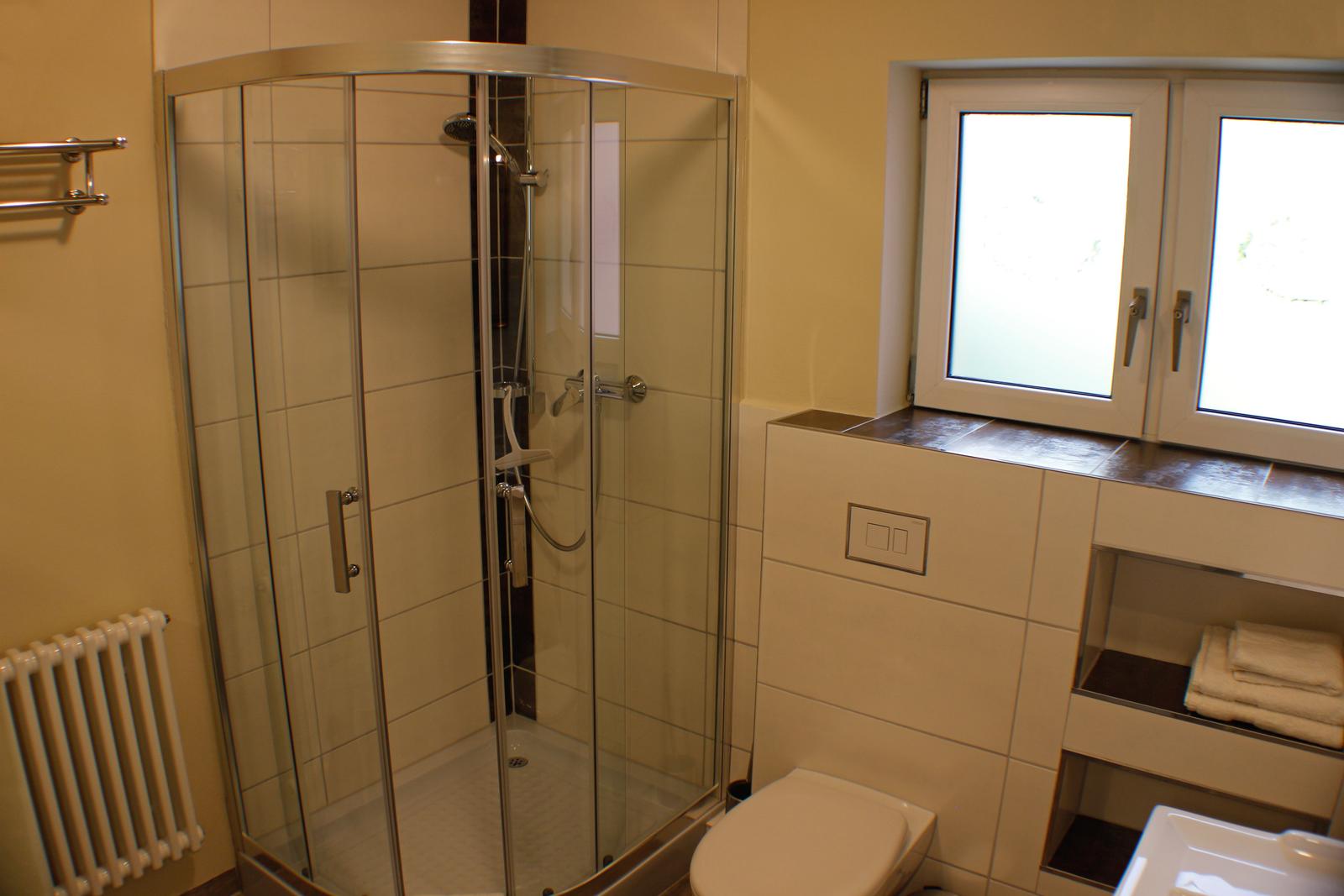 Badezimmer mit Duschkabine, Toilette und Fenster