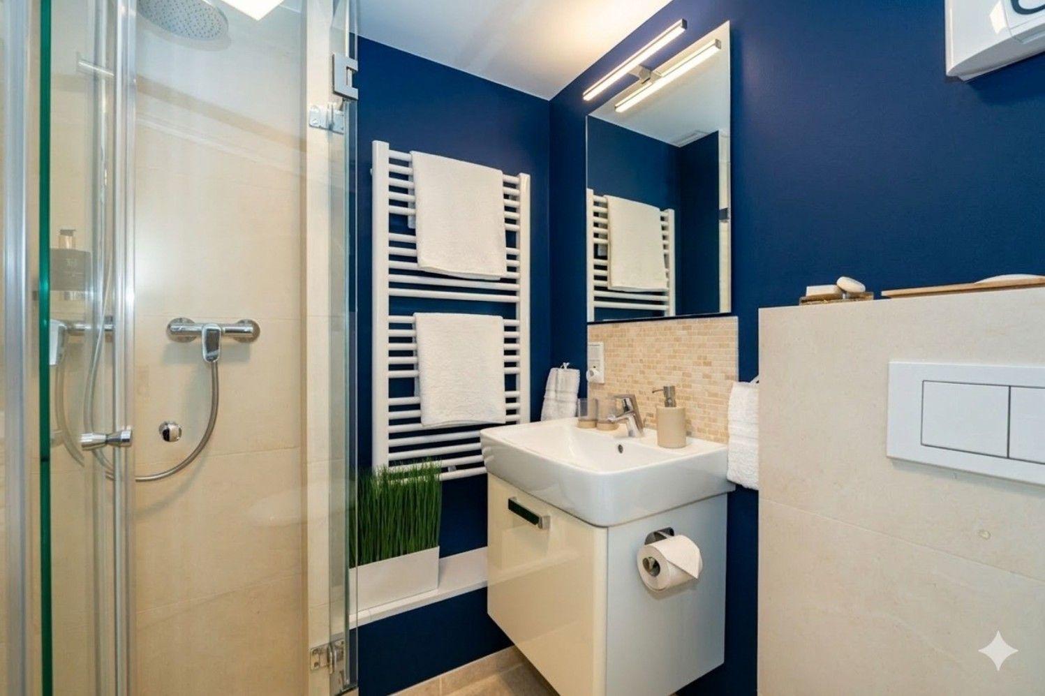 Badezimmer mit Dusche, Waschbecken und Handtuchhalter an blauer Wand.