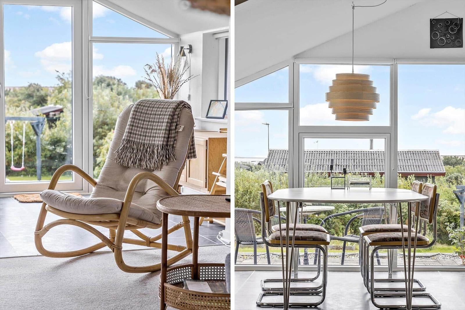 Wohnbereich mit Sessel und Blick auf Garten. Essbereich mit Tisch, Stühlen und Fensterblick.