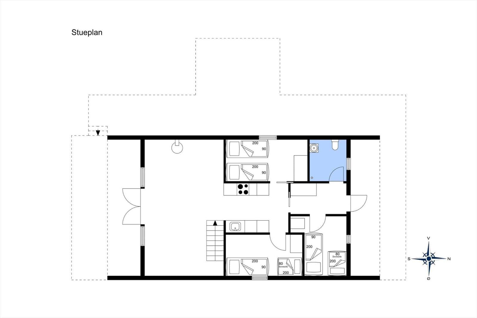 Stueplan zeigt Wohnfläche mit Küche, Schlafzimmer und Bad.
