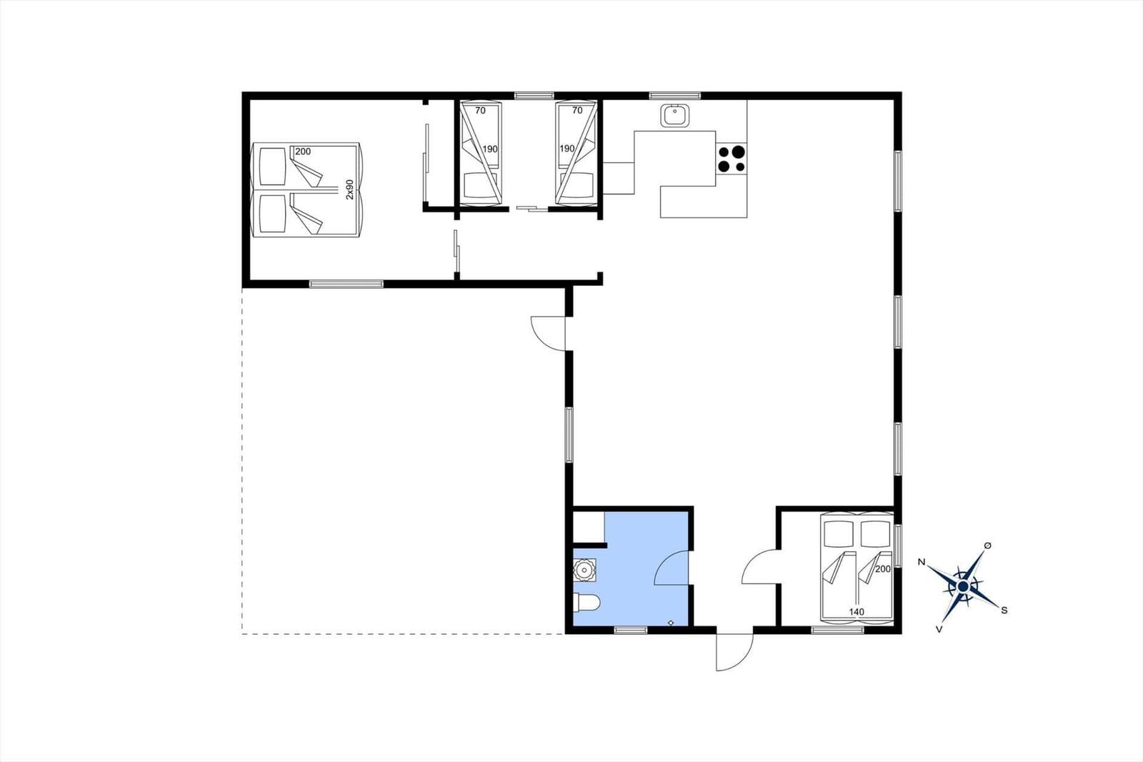 Wohnung mit zwei Schlafzimmern, Küche und Bad. Raumübersicht mit Maßen.