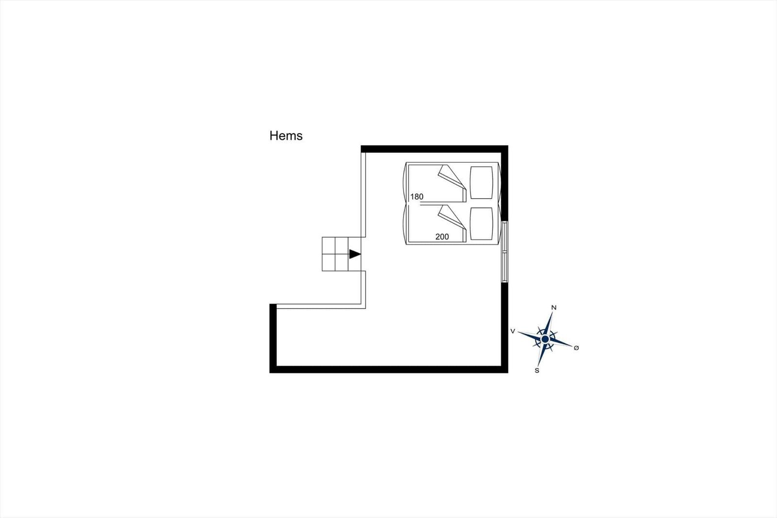 Hems Wohnung mit Schlafbereich und Orientierungskompass.