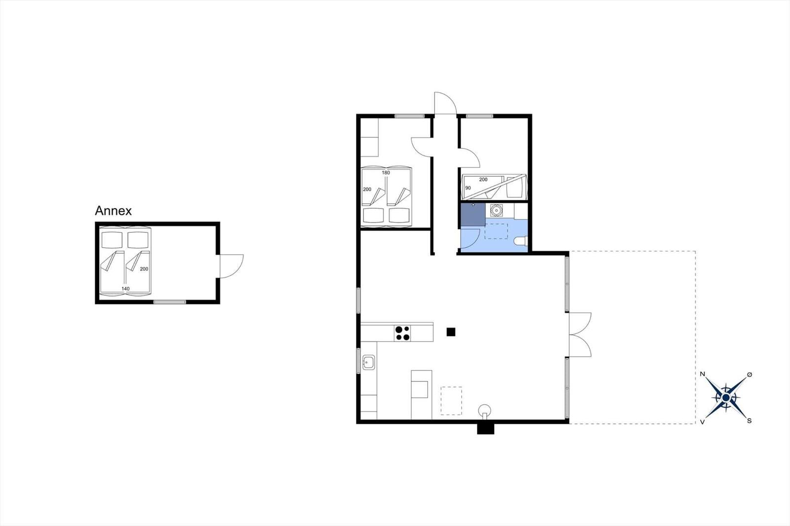 Grundriss einer Wohnung mit Küche, Bad und Schlafzimmer sowie Anbau mit Schlafzimmer.