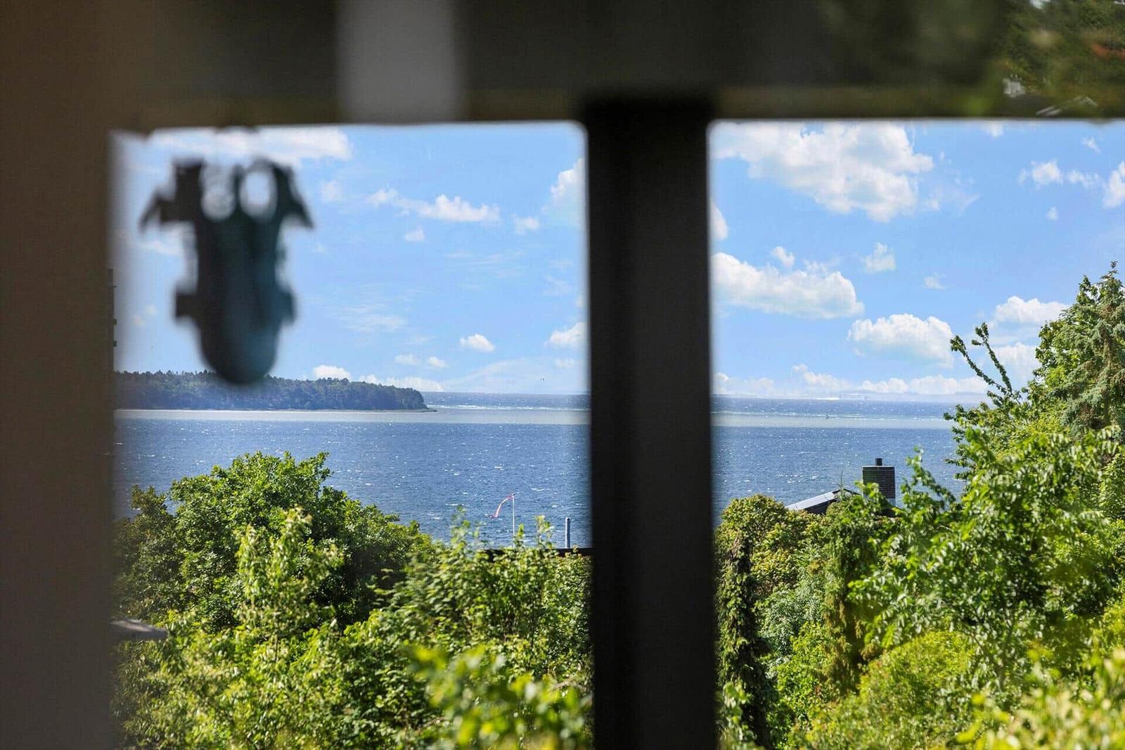 Durch das Fenster blickt man auf einen See mit grüner Vegetation und einem bewölkten Himmel.