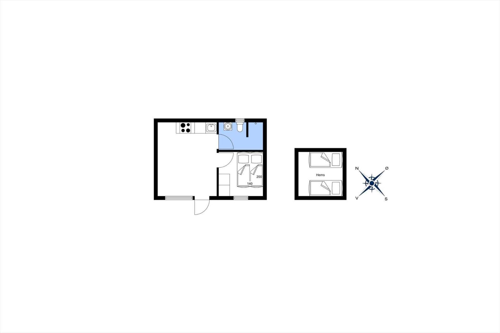 Wohnung mit Küche, Bad und Schlafzimmer. Raumverteilung und Orientierung eingezeichnet.
