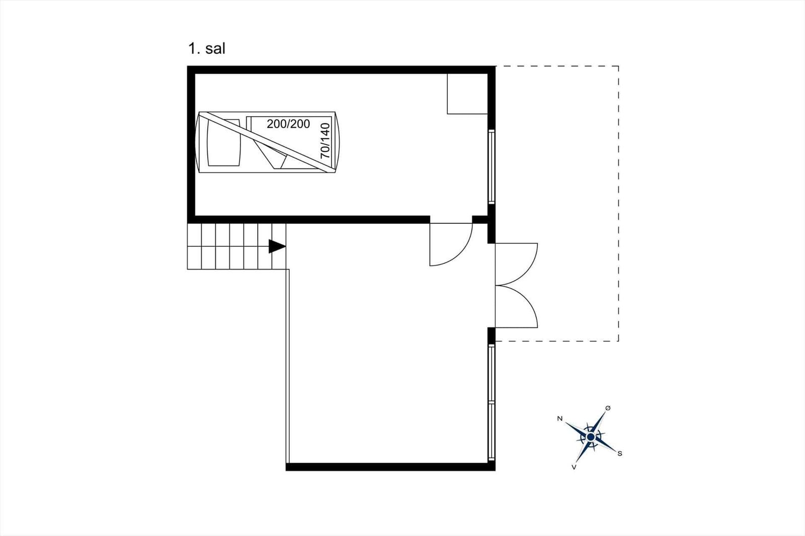 Erster Stock mit Schlafzimmer und Treppe zur Untergeschoßebene.