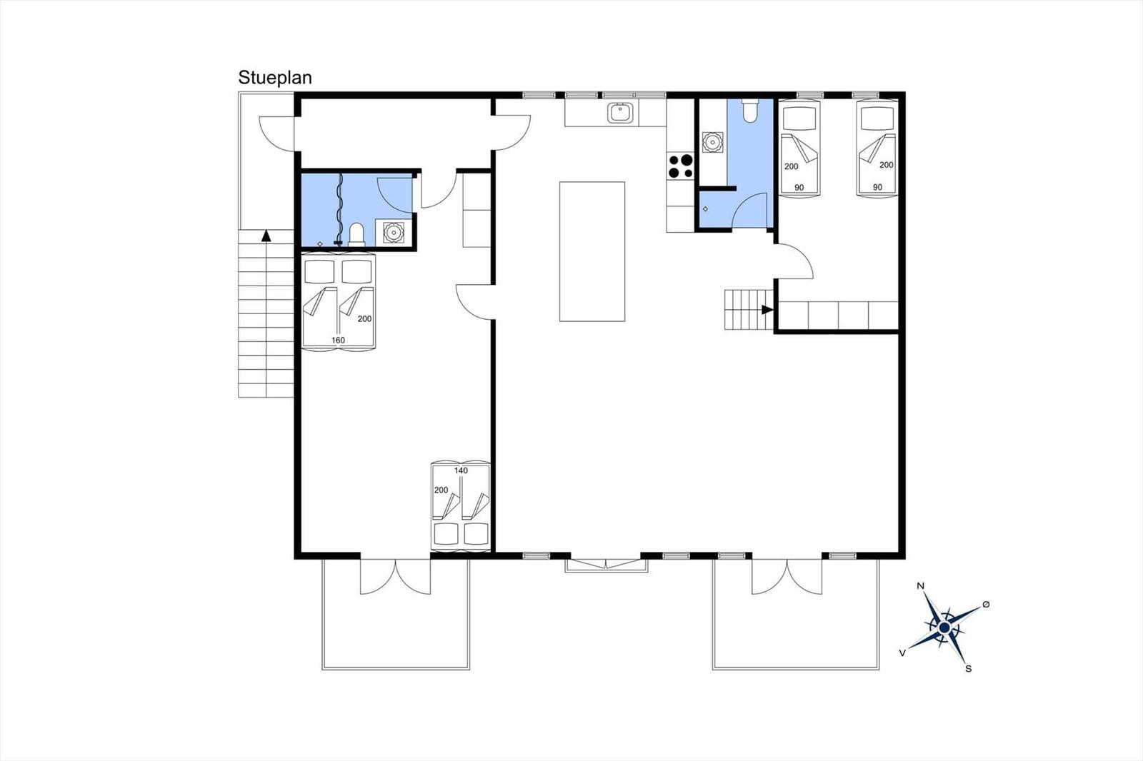 Stueplan zeigt Schlafzimmer, Küche und Bad mit Maßen.
