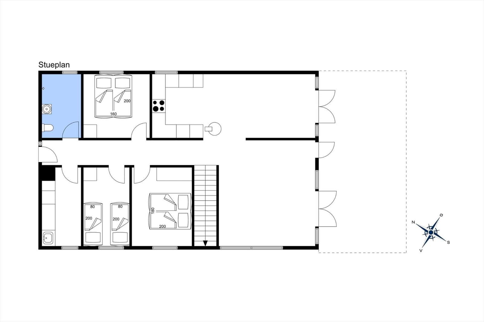 Stueplan zeigt Wohnraum, Küche, Schlafzimmer und Bad mit Maßen.