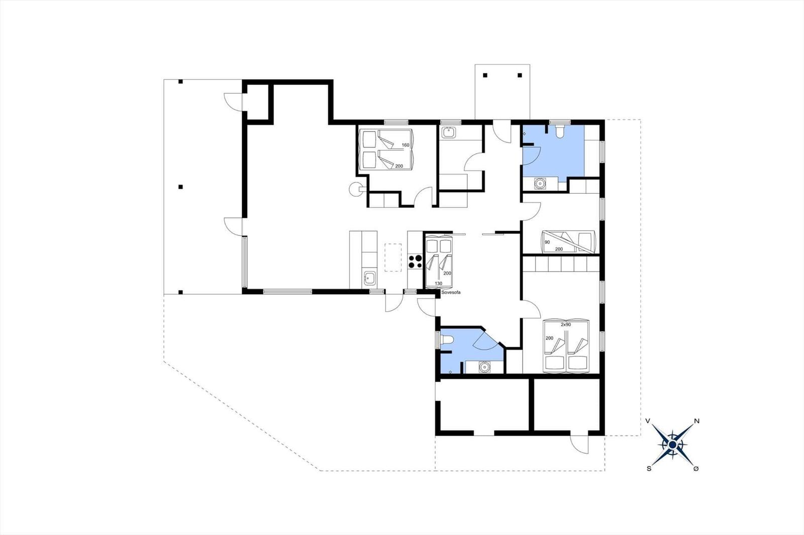 Übersichtsplan einer Wohnung mit Schlafzimmer, Küche und Badezimmer.