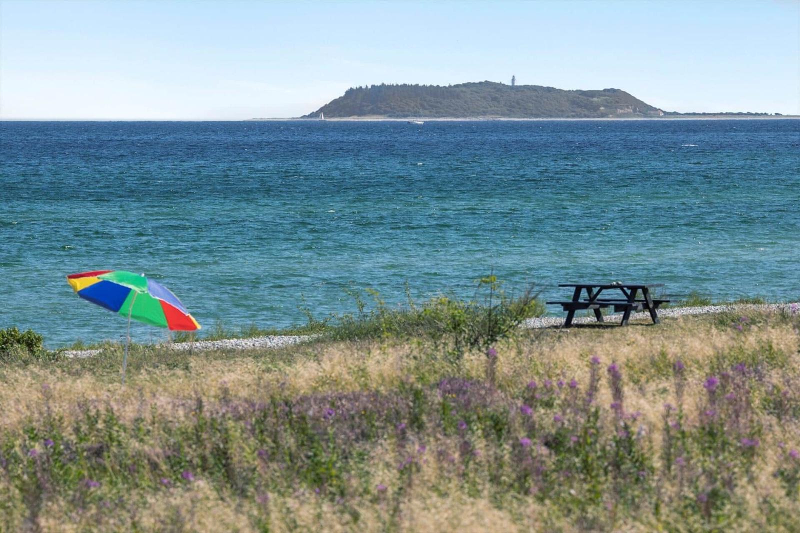 Blick auf das Meer mit einem Picknicktisch und einem bunten Sonnenschirm.