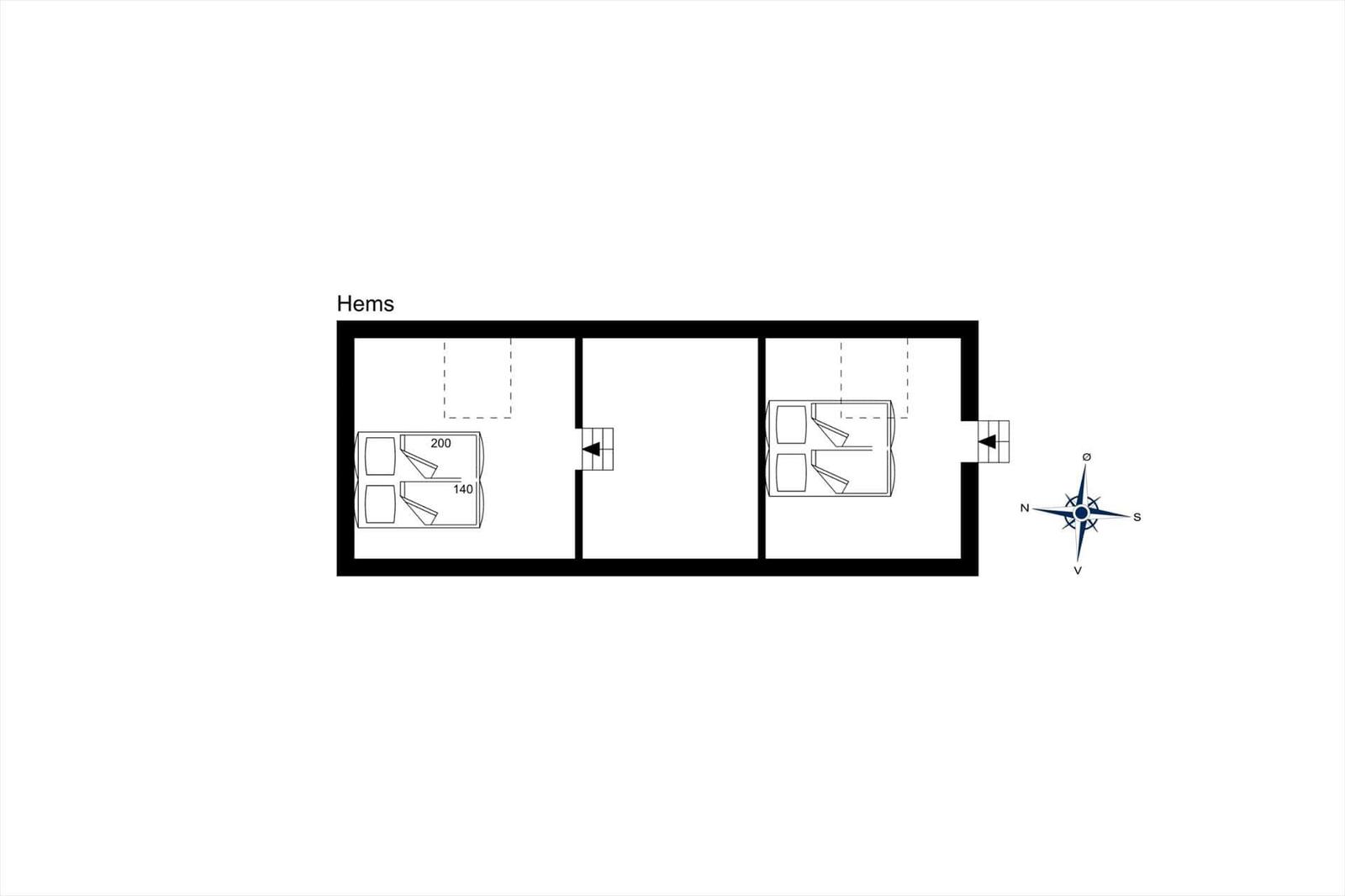 Hems: Grundriss mit zwei Schlafzimmern und zentraler Durchgangszone.