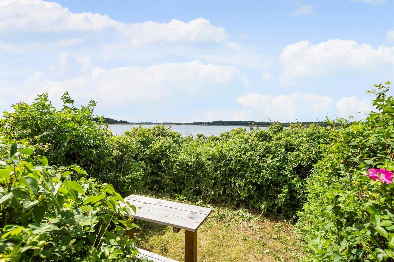 Holzbank im Garten mit Blick auf ruhiges Wasser und grüne Vegetation unter blauem Himmel.