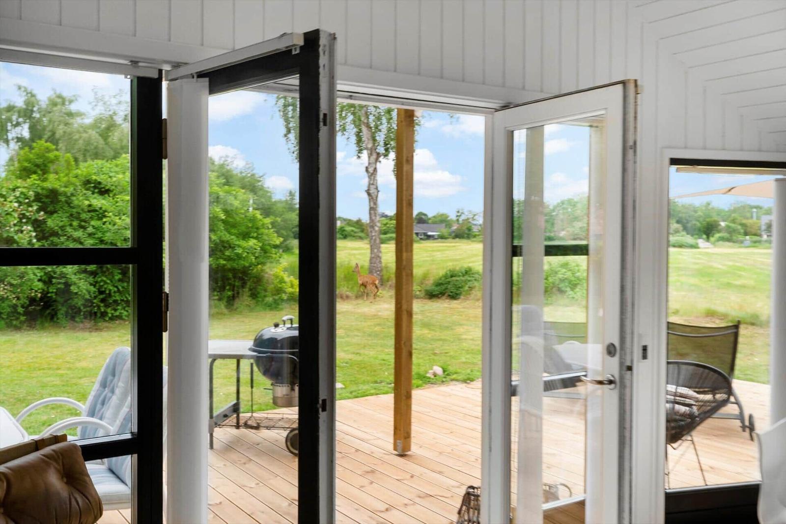 Terrasse mit Grill und Sitzgelegenheiten, Blick auf grünes Feld und einen Hirsch.