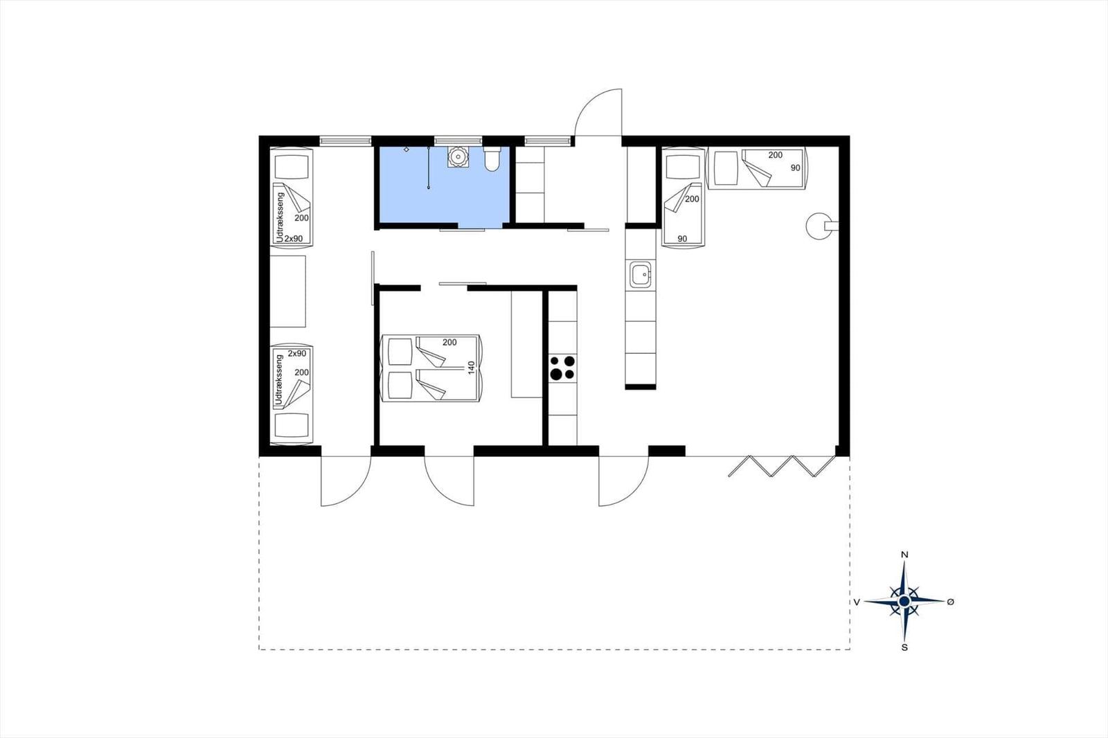 Wohnung mit drei Schlafzimmern, Küche und Bad. Grundriss mit Maßen.