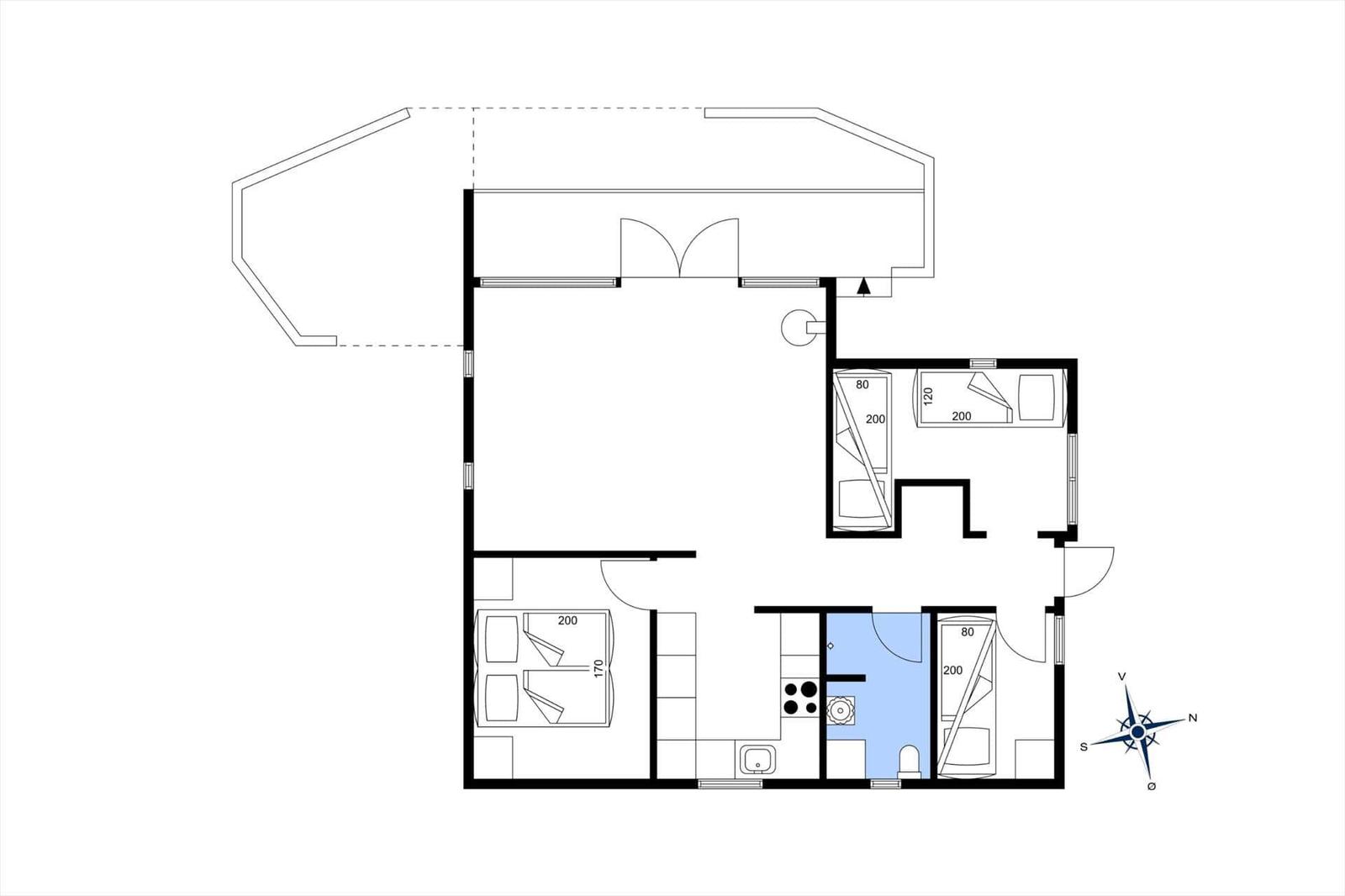 Dieses Apartment hat eine Küche, zwei Schlafzimmer und ein Badezimmer.