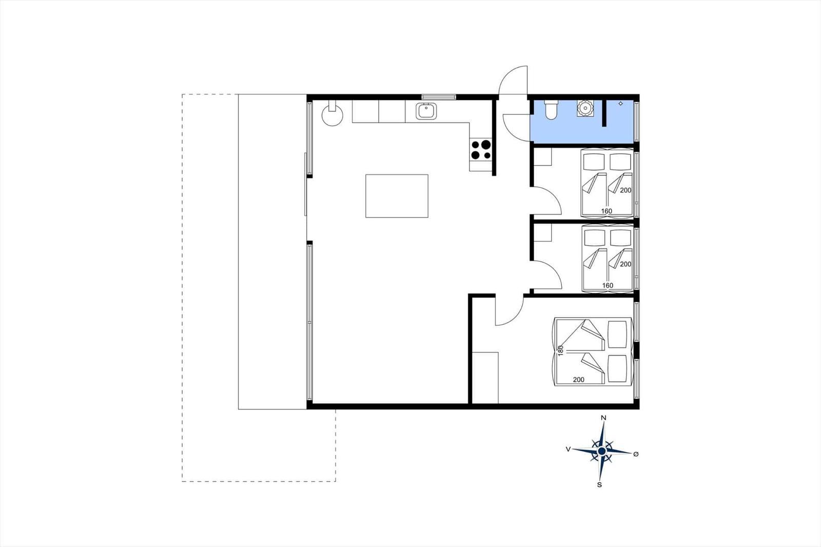 Dieses Apartment hat drei Schlafzimmer, eine Küche und ein Badezimmer.