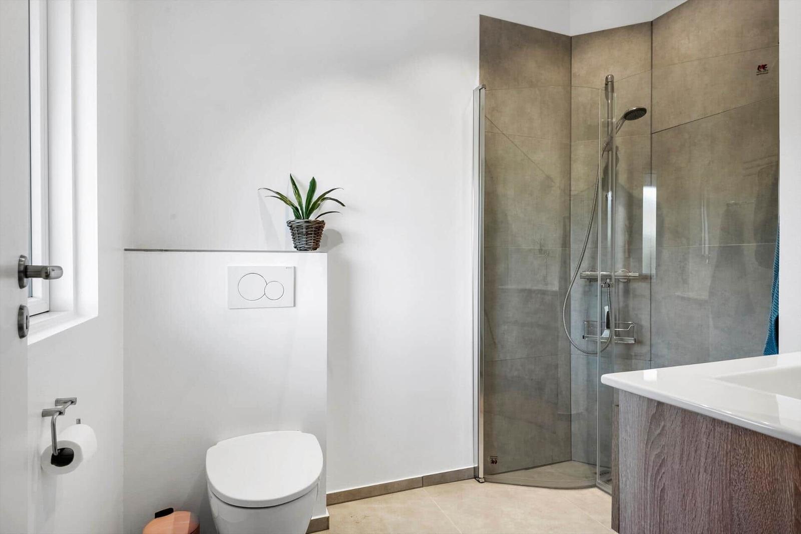 Bathroom with shower, toilet, and sink. Plant on wall shelf.