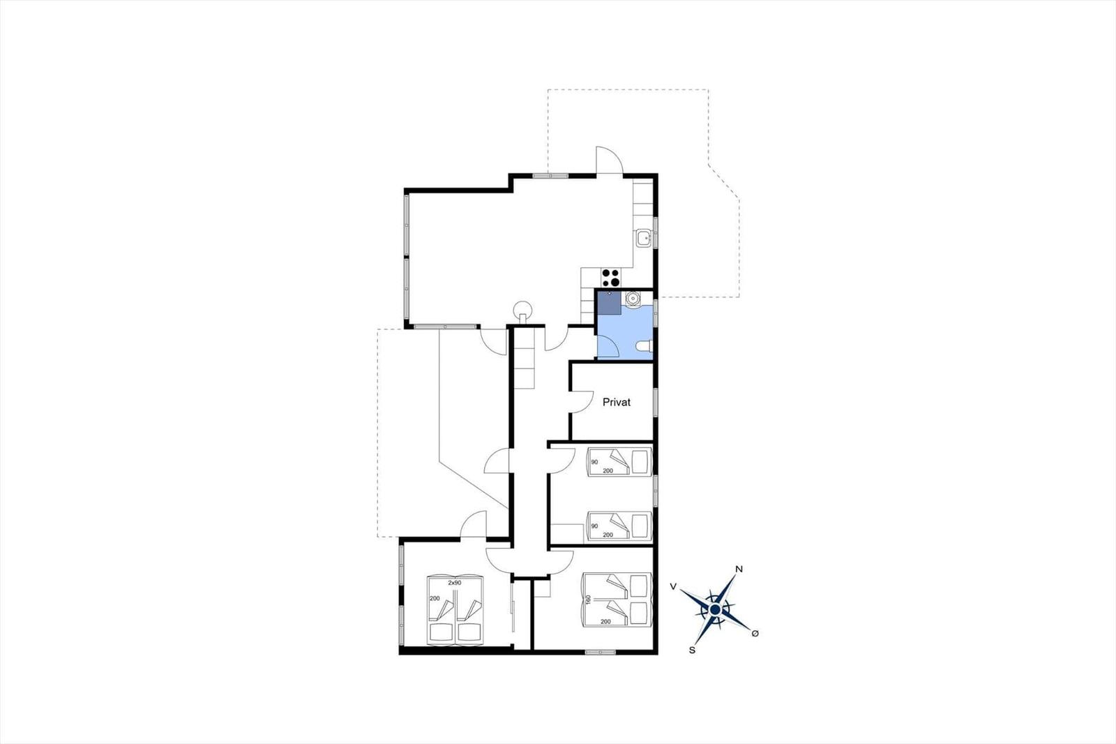 Wohnung mit drei Schlafzimmern, Küche und Bad. Raumübersicht mit Kompass.