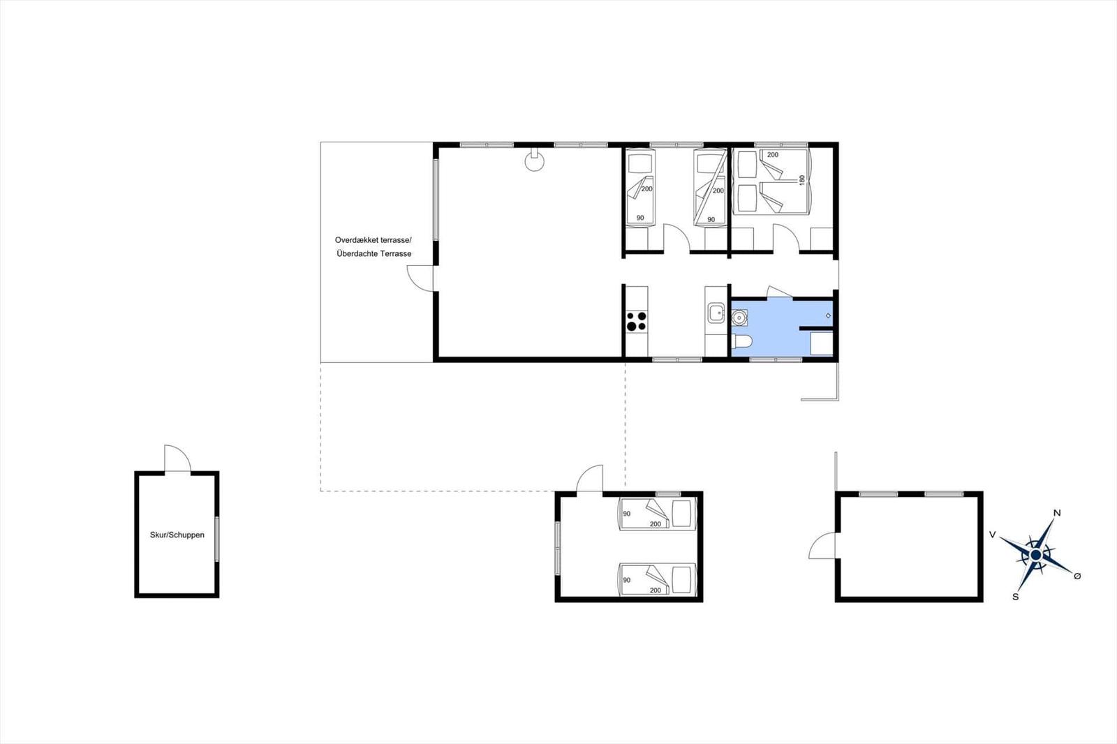 Übersicht über die Wohnung mit Terrasse, Küche und Badezimmer.