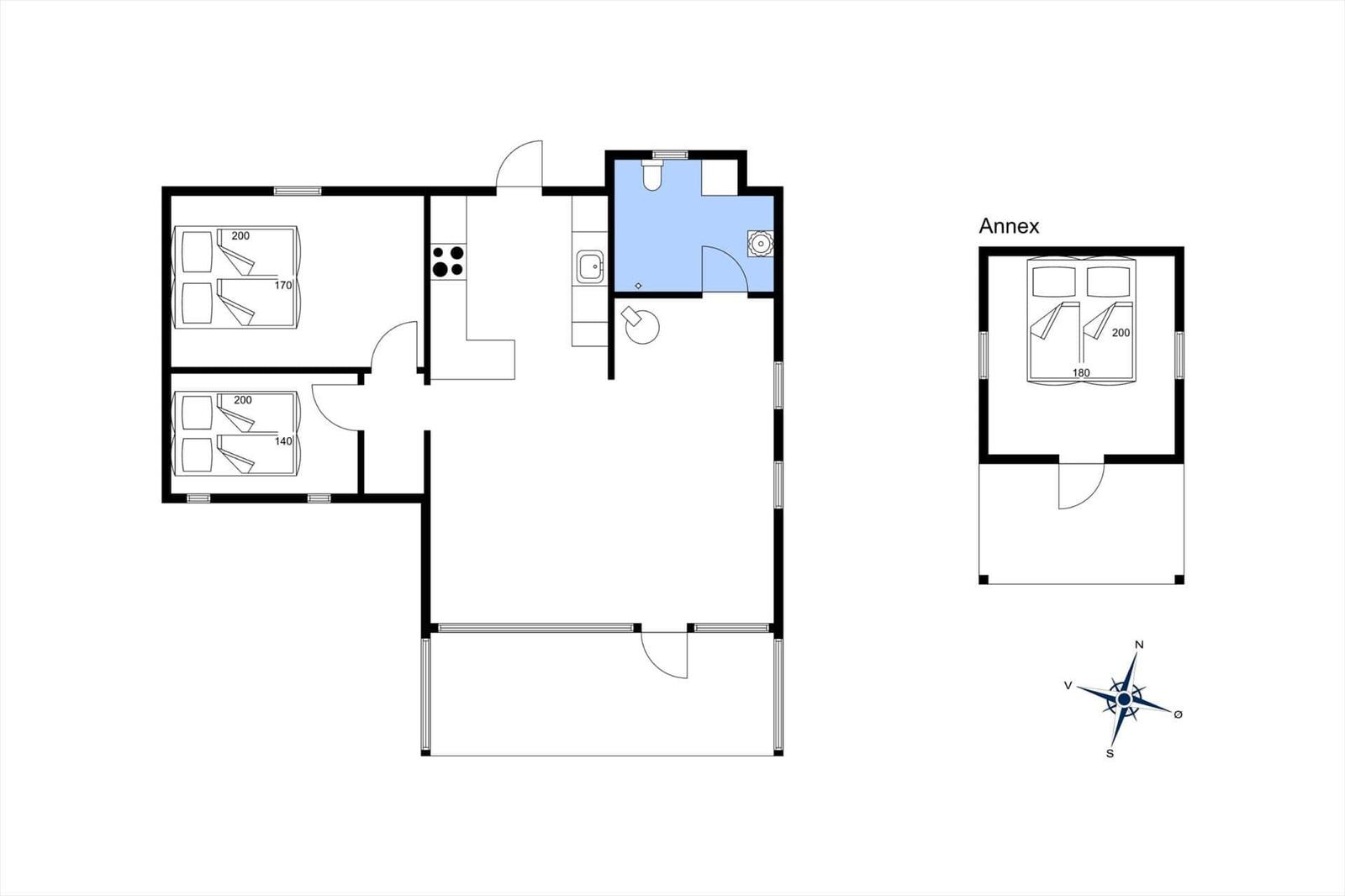 Wohnung mit zwei Schlafzimmern, Küche und Bad. Anbau mit einem Schlafzimmer.