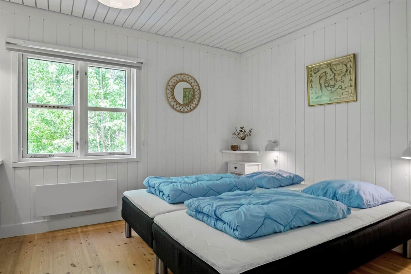 Zimmer mit zwei Matratzen, blauen Bettdecken, Holzboden und Fensterblick auf Bäume.