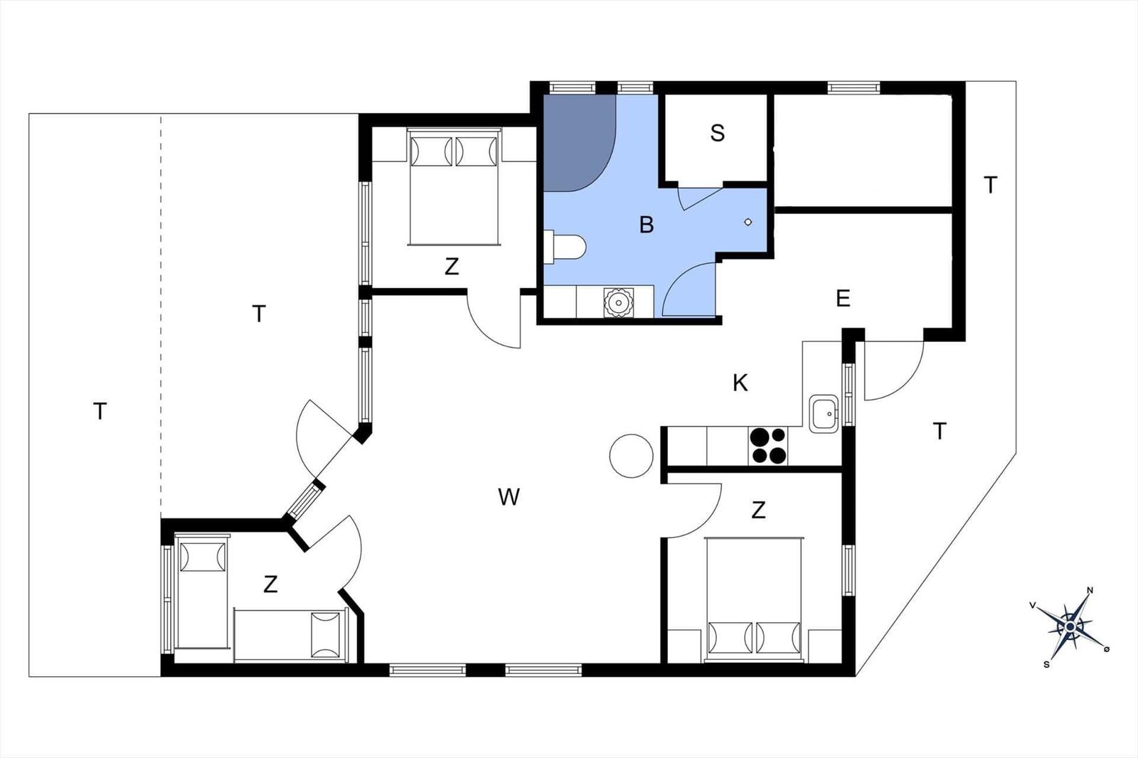 Wohnung mit Küche, Schlafzimmer, Bad und Wohnbereich. Orientierung mit Kompass.