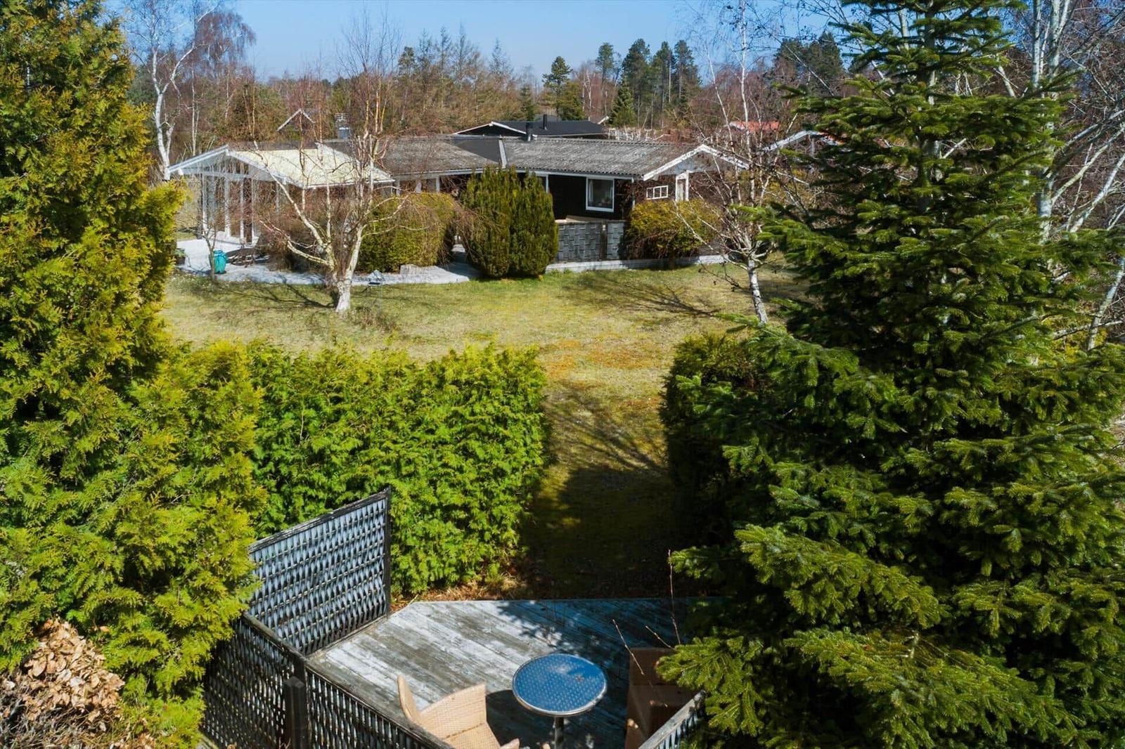 Haus mit Garten und Terrasse umgeben von Bäumen und Sträuchern.