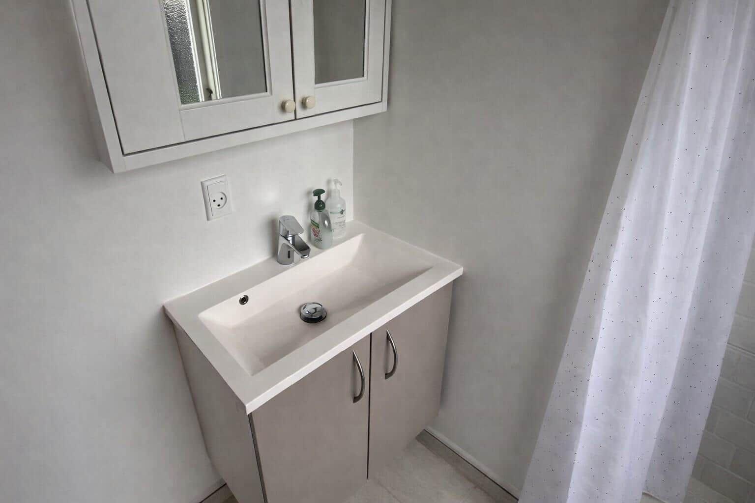 Badezimmer mit Waschbecken, Spiegelschrank und Duschvorhang.