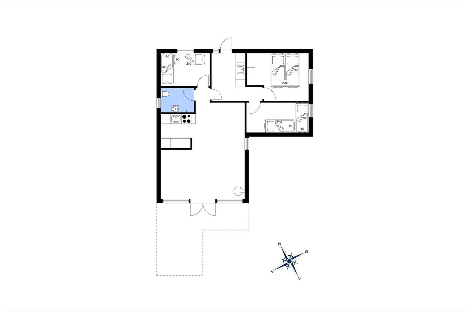 Wohnung mit Küche, Bad, Schlafzimmer und Wohnbereich. Raumübersicht mit Maßen.