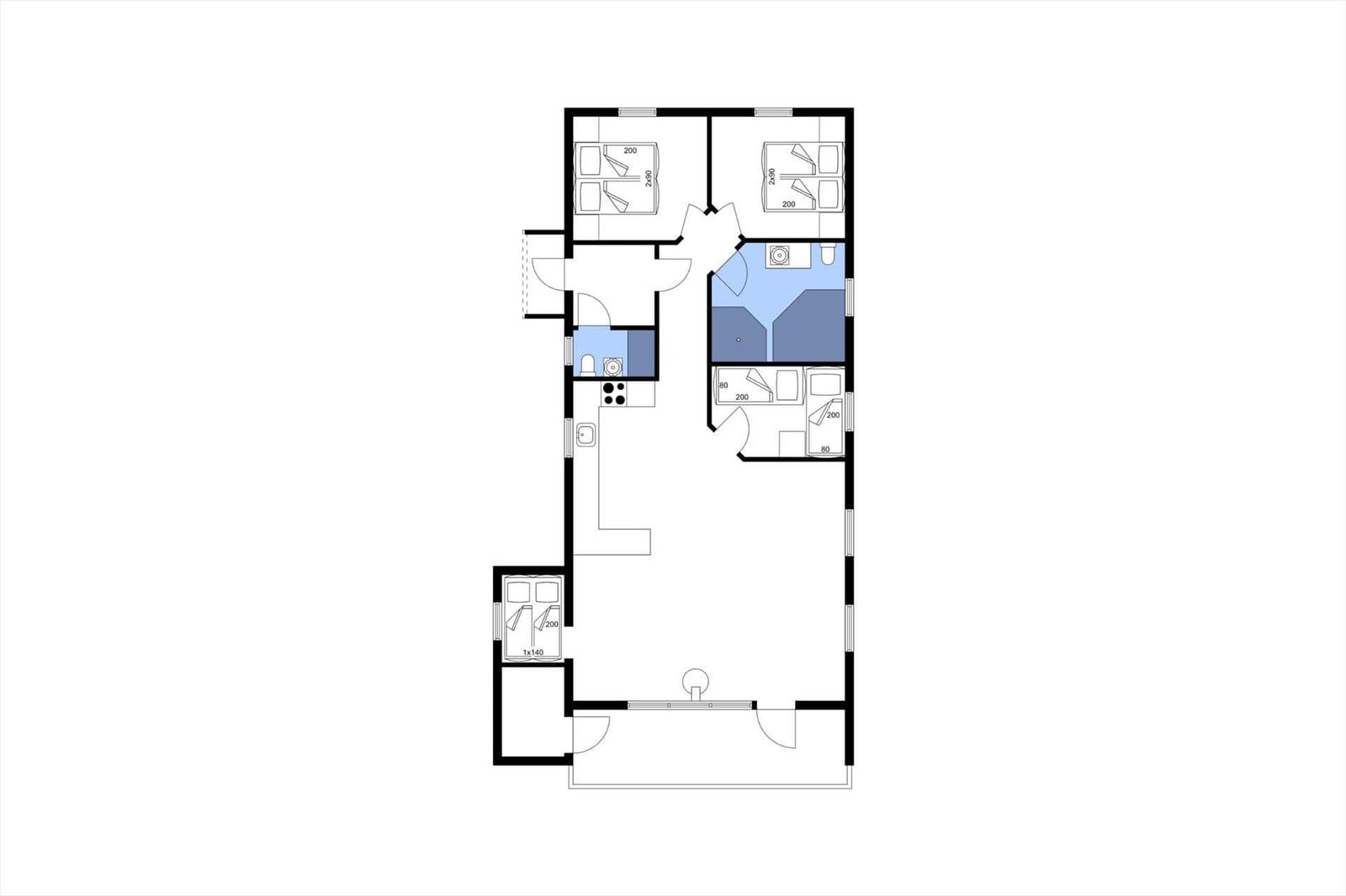Wohnung mit drei Schlafzimmern, Küche und Bad. Flur mit Treppe.