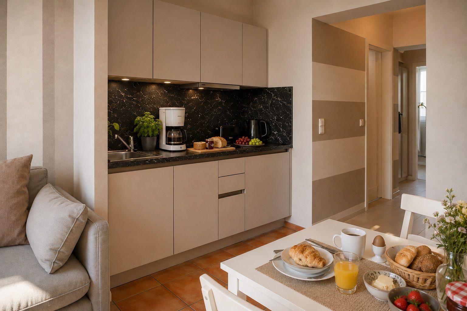 Wohnung mit Essbereich, Küche und Wohnzimmer mit Blick auf Balkon.