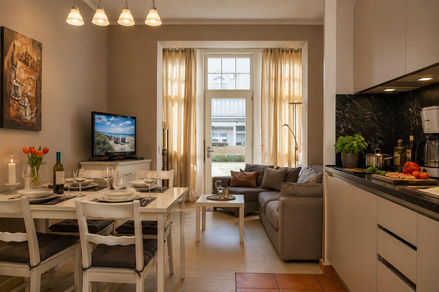 Wohn- und Essbereich mit Küche. Esstisch mit Stühlen, Sofa, Fernseher und Fenster.