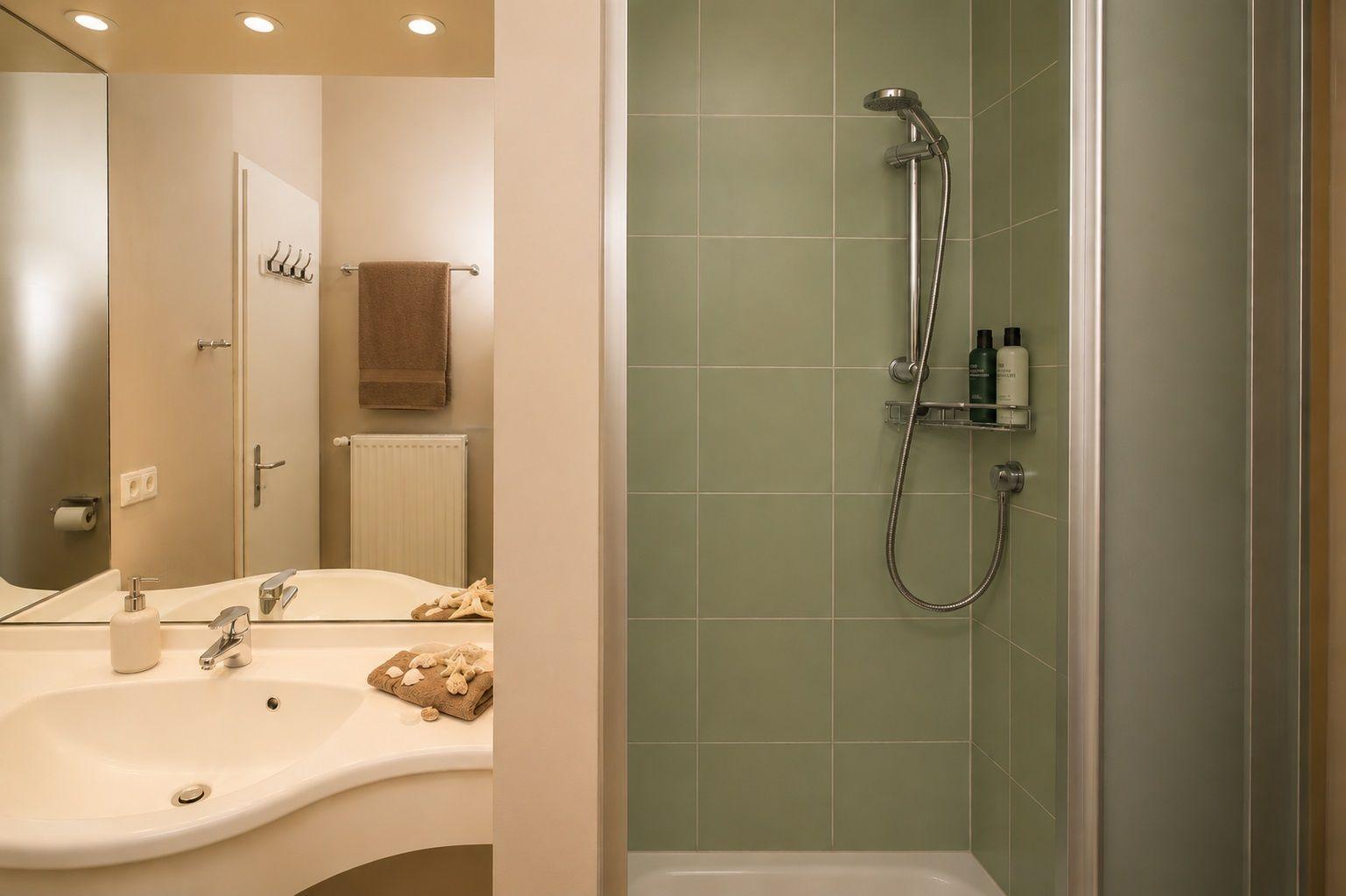 Badezimmer mit Dusche, Waschbecken und Spiegel. Duschbereich mit grünen Fliesen.
