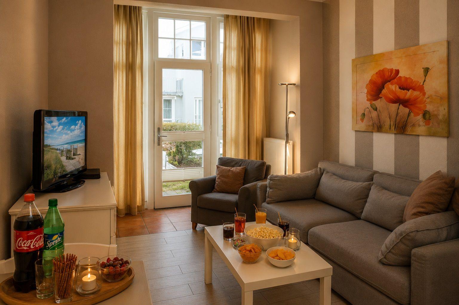 Wohnzimmer mit Sofa, Sessel und TV. Durchgang zur Terrasse mit Blick nach draußen.