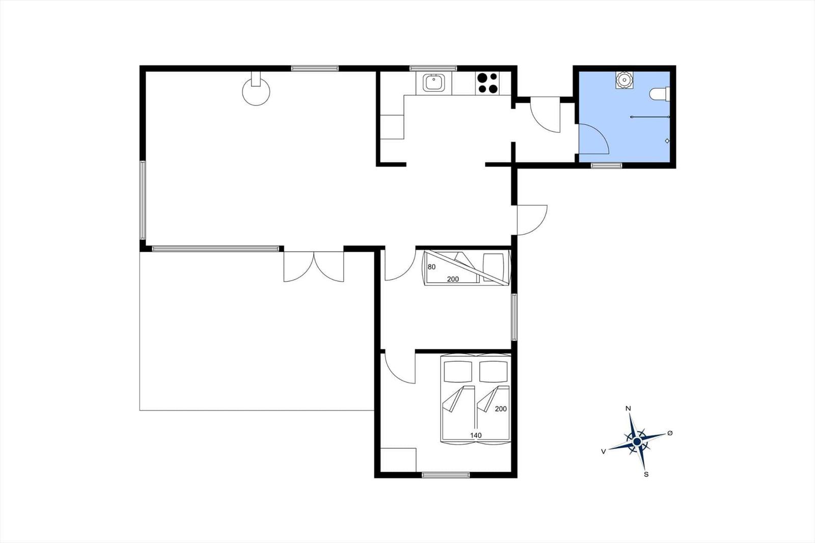 Wohnung mit zwei Schlafzimmern, Küche und Bad. Grundriss mit Raumbezeichnungen.