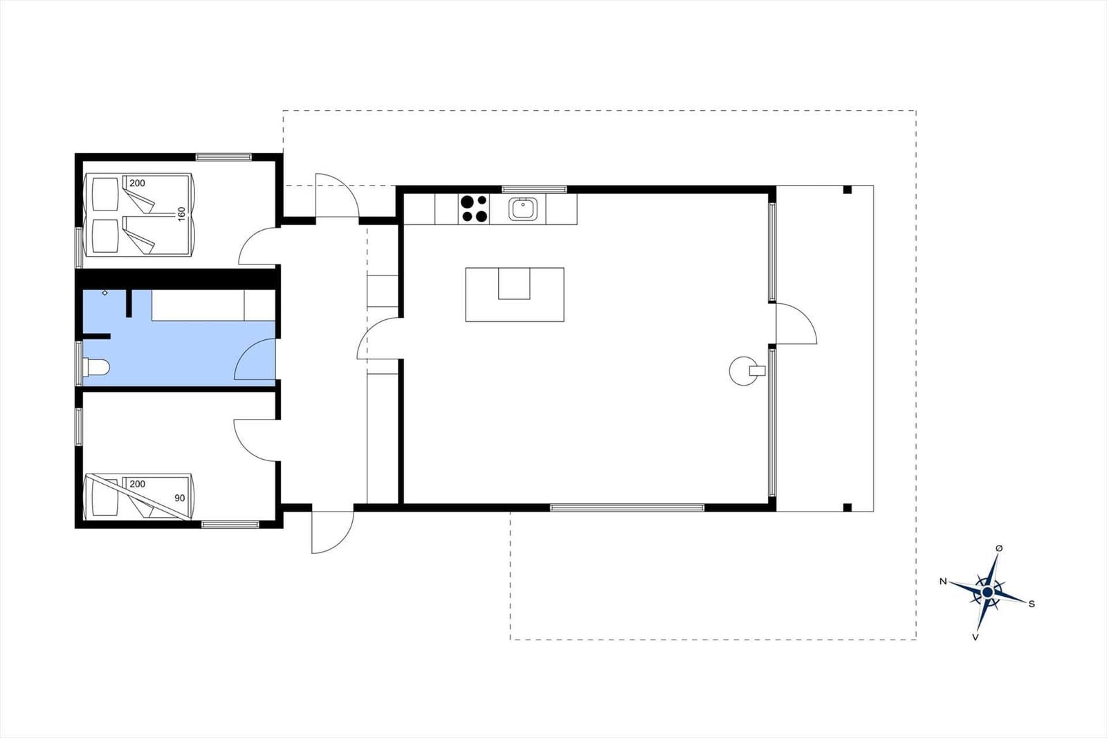 Wohnung mit Küche, Schlafzimmer und Bad. Raumplan mit Maßen.