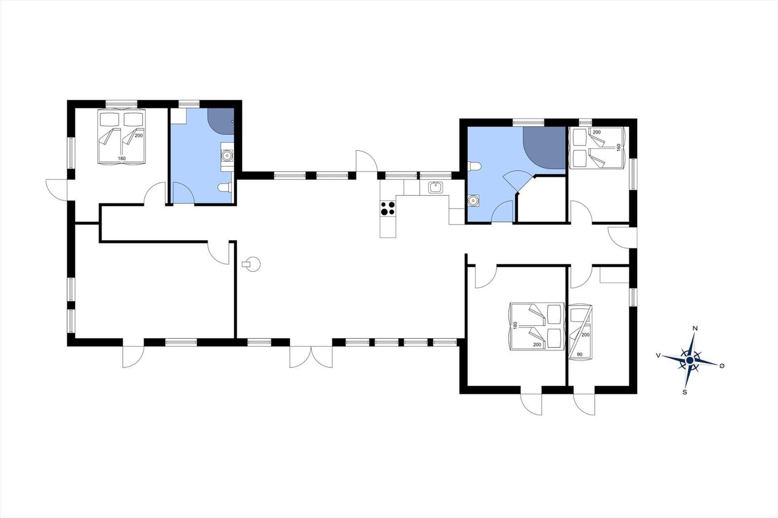 Grundriss einer Wohnung mit drei Schlafzimmern, Küche und Bad.
