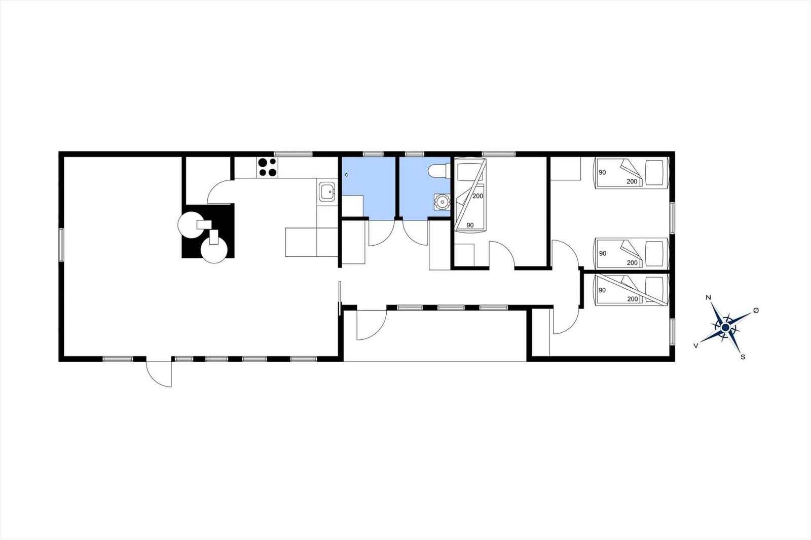 Dies ist die Grundrisszeichnung einer Wohnung mit Küche, Bad und drei Schlafzimmern.