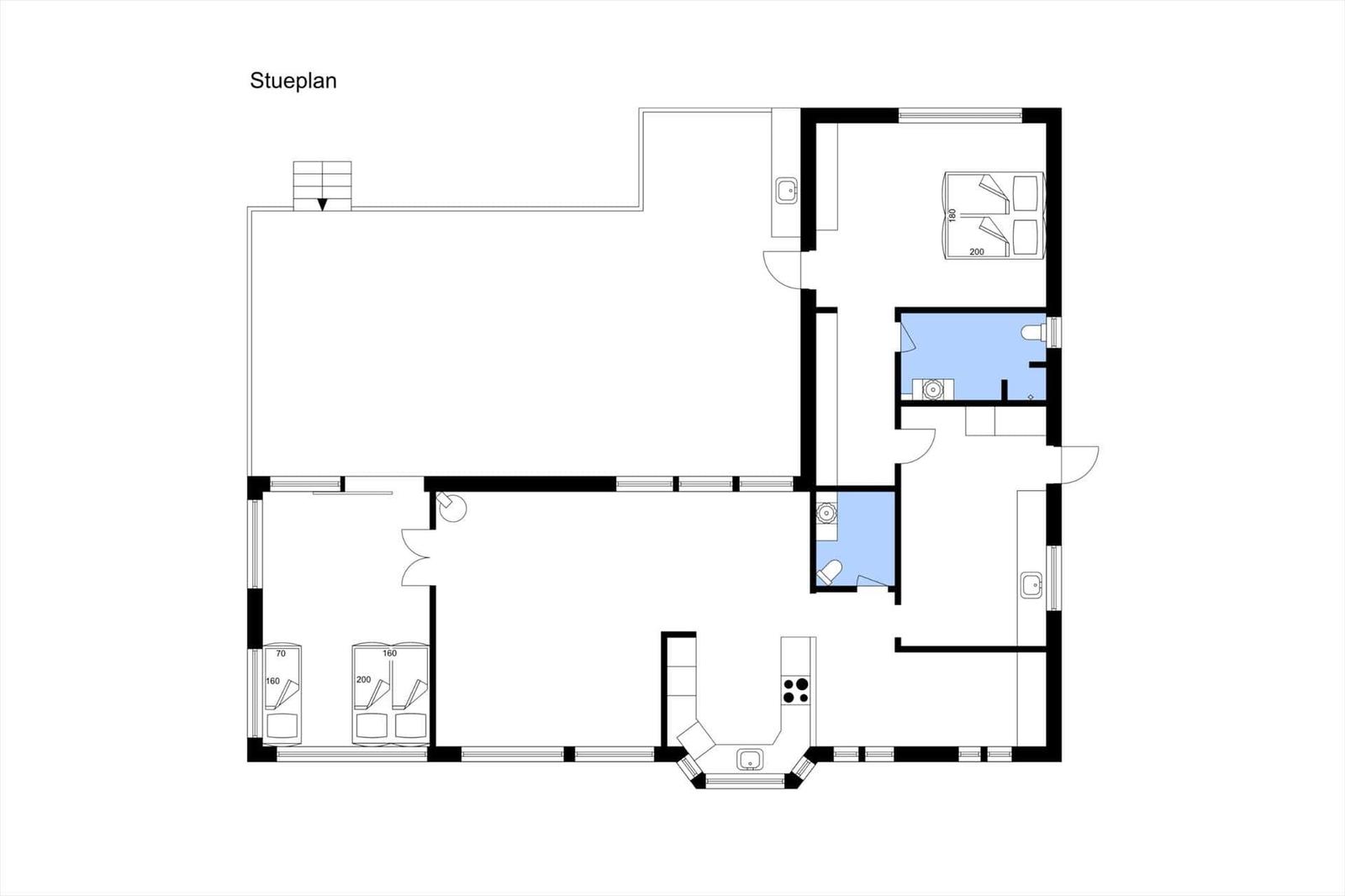 Stueplan zeigt Wohn- und Schlafzimmer, Küche und Badezimmer mit Markierungen.