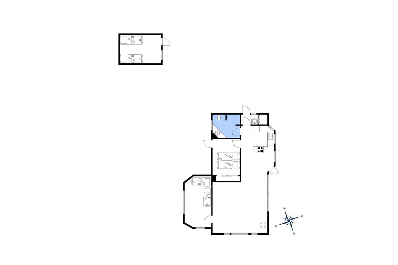 Wohnung mit Küche, Bad und Schlafzimmer. Raumplan mit Orientierung.