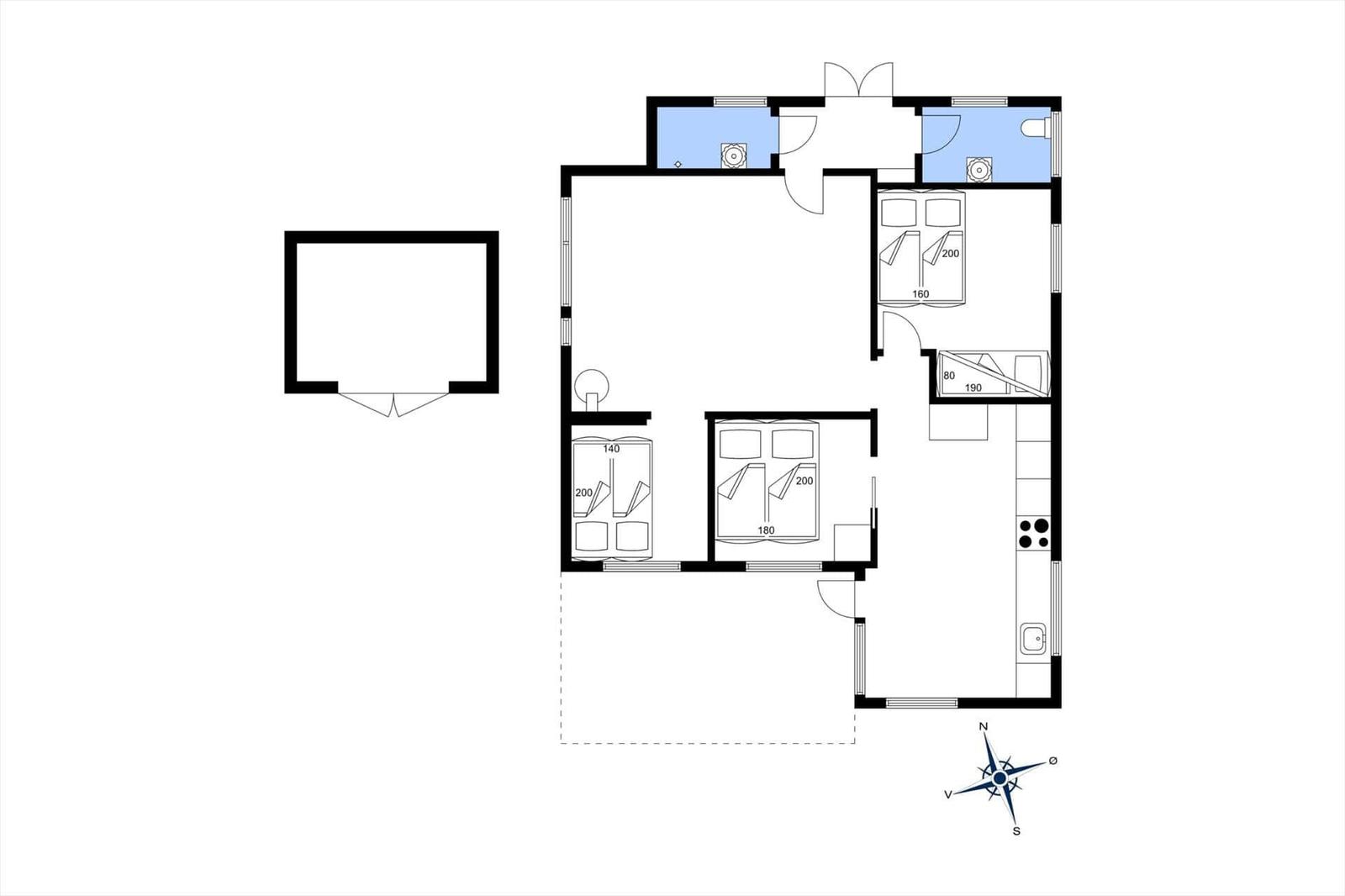 Wohnung mit drei Schlafzimmern, Küche und Bad. Grundriss mit Raumbezeichnungen.