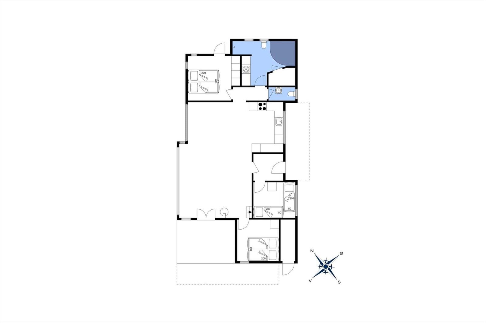 Grundriss einer Wohnung mit Küche, Bad und mehreren Schlafzimmern.