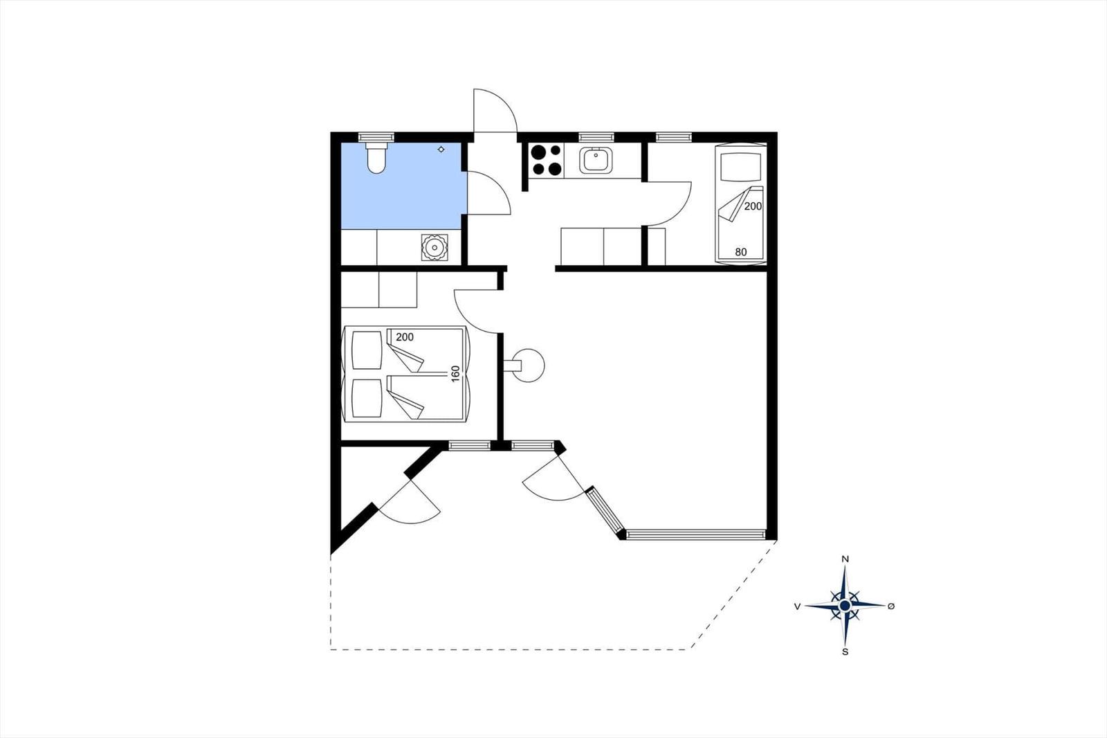 Wohnung mit Küche, Bad, Schlafzimmer und Wohnbereich. Raumhöhe und Möbel sind eingezeichnet.