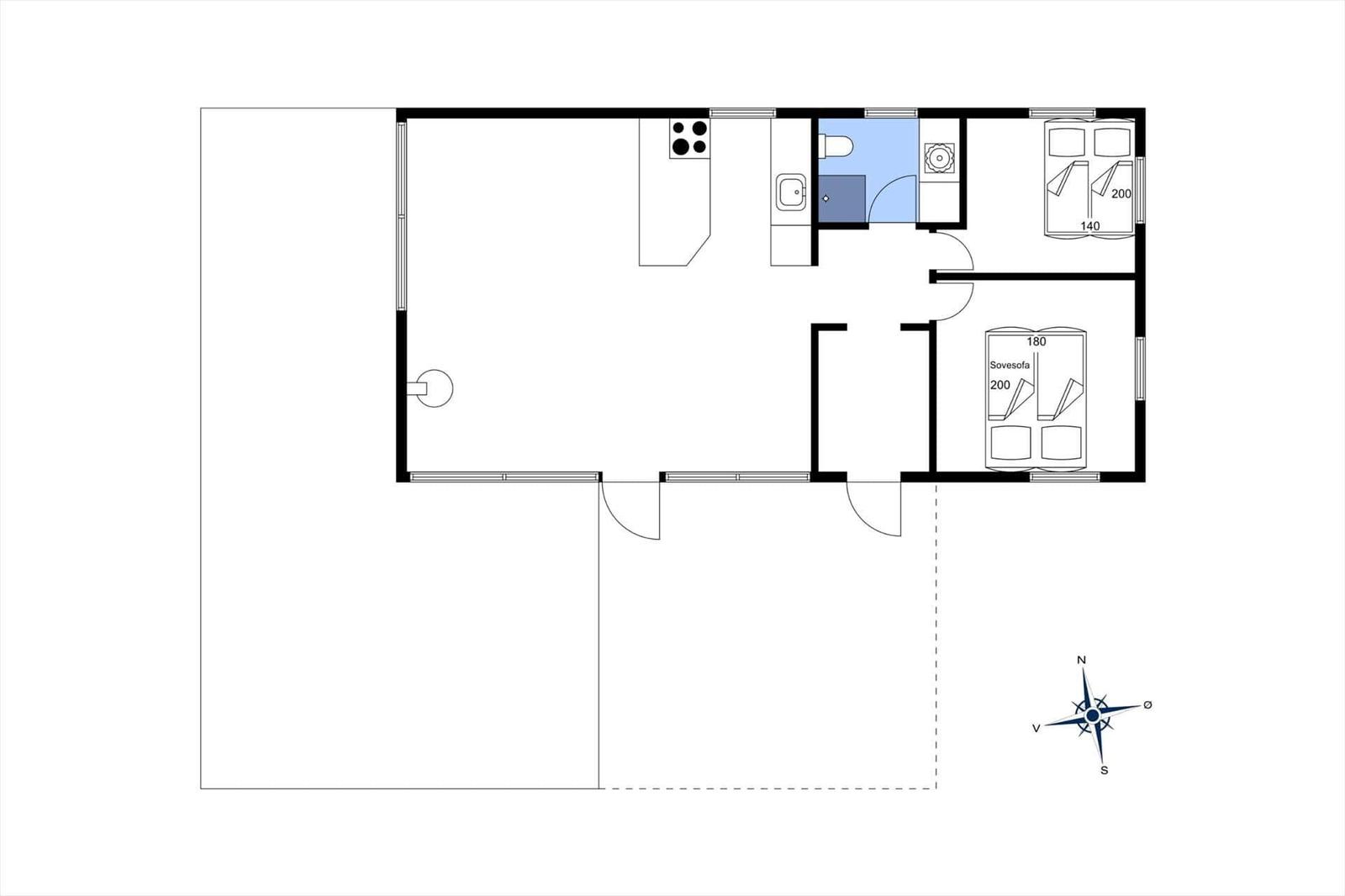 Wohnung mit Küche, Bad, Schlafzimmer und Wohnbereich mit Sofa. Nordostlage.