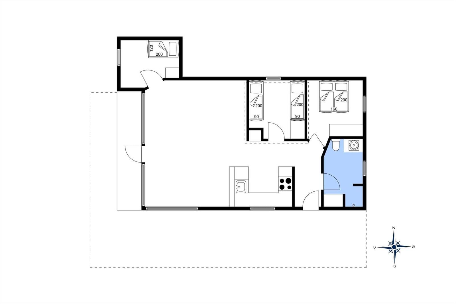 Dieses Apartment hat drei Schlafzimmer, eine Küche und ein Bad.